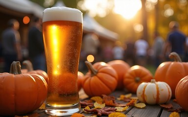Celebrating international beer day at a festive autumn festival with pumpkins and friends in a lively outdoor setting. High quality