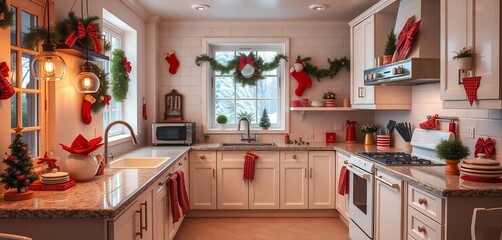 Bright modern kitchen, vintage-style Christmas decor Gleaming appliances, festive touches,  countertop,   room