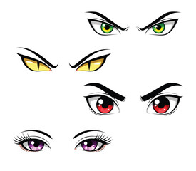 Set of cartoon anime eyes vector illustration. Collection of various character expressions including evil, angry, and beautiful female eyes. Isolated graphic elements