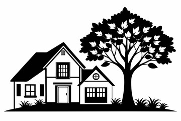 home with tree black and white line art silhouette