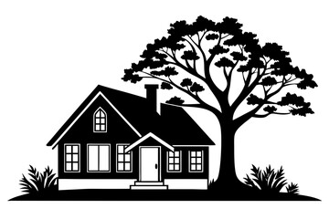 House or home building with a tree silhouette, a residential real estate icon vector illustration set design