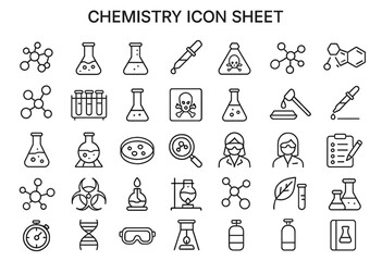 Chemistry Icons: A meticulously crafted collection of chemistry icons, ideal for educational materials and scientific illustrations, encompassing a range of lab equipment, chemical compounds.