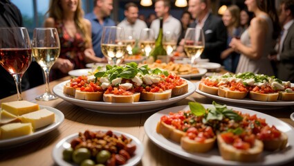 A table full of bruschetta appetizers at a party