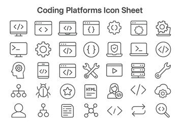 Coding Platform Icons: Clean, minimalist icons represent coding platforms and related concepts, featuring a variety of symbols for different development tools and functions.