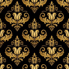 Luxury Gold Damask Seamless Pattern on Black Background – Elegant Vintage Ornamental Design