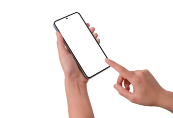 Hands using a smartphone with blank customizable screen isolated on transparent PNG.
