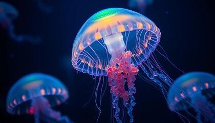 Ethereal bioluminescent jellyfish glowing vibrantly in the deep ocean's darkness,  medusa,   sea life