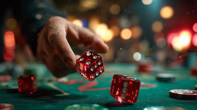 A person’s hand throws red dice across a green casino table. Motion blur captures the dynamic action, with glowing lights and scattered chips nearby, creating high-energy, vibrant gambling atmosphere.