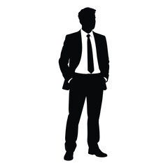 Silhouette of a businessman in a suit standing with hands in pockets