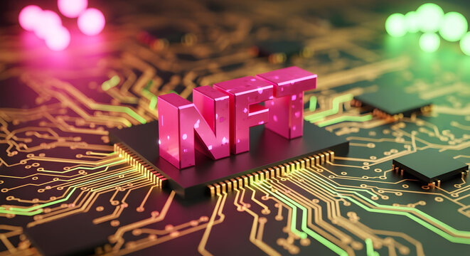 Pink NFT Symbol on Circuit Board with Pixelated Style in a Blurred Tech and Digital Background Featuring Blockchain