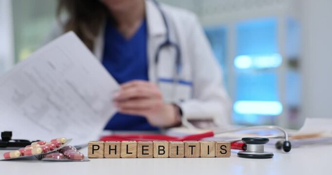 Doctor reviews documents near Phlebitis on blocks and blisters of pills. Vascular health diagnosis and treatment related to inflammation of vein