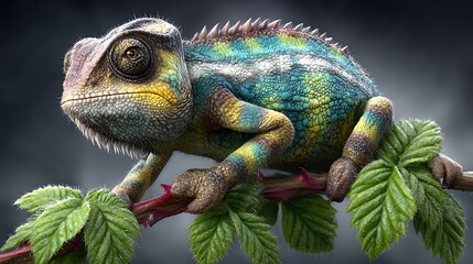 An animated chameleon blending into the green leaves of a jungle vine, eyes scanning in different directions with precision.