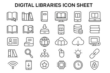 Digital Libraries Icon Sheet: Collection of minimalist line art icons depicting various aspects of digital libraries. Each icon showcases essential digital tools and elements.
