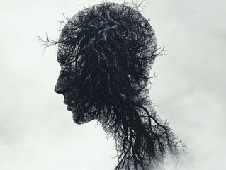Fototapeta premium Emotional trauma represented by tree roots intertwining within a human silhouette