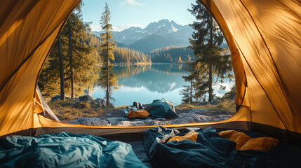 a couple camping in the mountains with a beautiful lake view from their tent