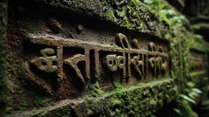 Close-up of ancient Sanskrit inscriptions carved into a weathered temple wall. Moss grows in crevices as side lighting highlights the sacred script, evoking a historical and spiritual atmosphere.