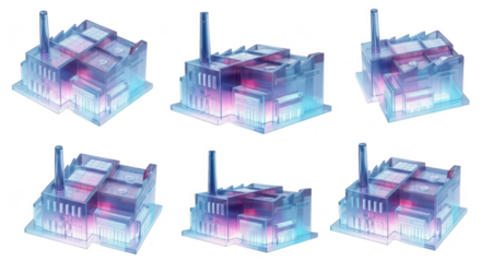 3D model of factory showcasing various angles lit with neon colors and against a white backdrop suitable for architectural or industrial design