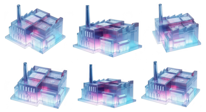 3D model of factory showcasing various angles lit with neon colors and against a white backdrop suitable for architectural or industrial design