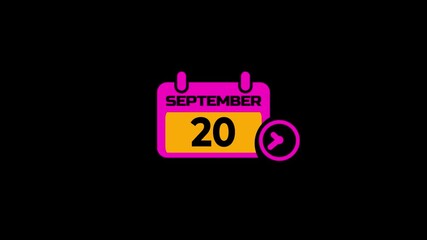 September 20 Daily Calendar icon animation on transparent background. Calendar with the date september 20 on a black background.
