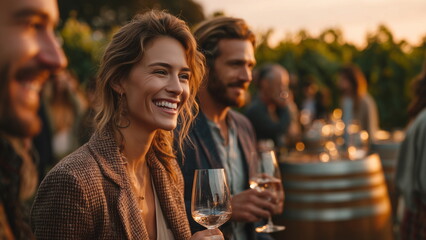 Well-dressed adults attend a wine tasting event in a vineyard during golden hour, swirling wine in crystal glasses while laughing and enjoying scenic vineyard views under warm, glowing evening light.