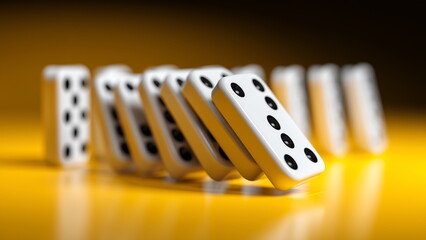 Close-up of white tiles with black dots toppling in a domino effect, sharp focus on the falling foreground tile, bright playful background, capturing dynamic movement and sequential action.