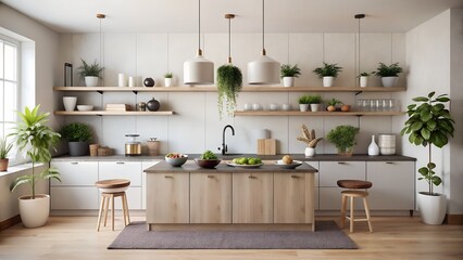Photo of a bright and modern kitchen interior with a wooden island, clean white cabinets, open shelves, and hanging pendant lights
