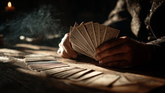 A lone person sits at a wooden table in a dimly lit room, spreading playing cards in a fan shape. Deep shadows and soft light create a mysterious, dramatic mood, symbolizing strategy, chance, and luck