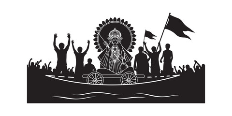 Black and White Festival Illustration of Deity on a Boat with People