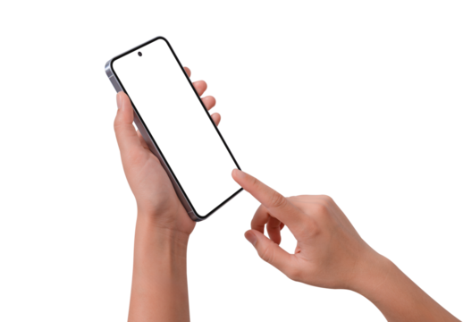 Hands using a smartphone with blank customizable screen isolated on transparent PNG.
