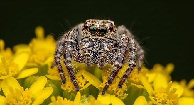 Photo of a cute jumping spider with big eyes sits on a bright yellow flower