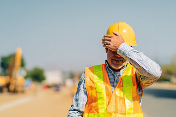 safety inspector wearing hard hat examining building progress under intense midday heat with visible exhaustion