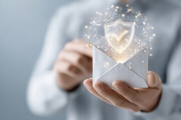 Digital Security: A digitally enhanced image features a person holding an open envelope with a glowing shield and checkmark, symbolizing the importance of protecting digital data and communications.
