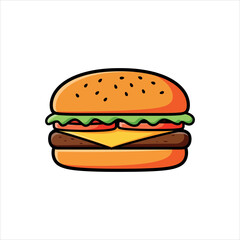 Cartoon hamburger with sesame seeds on bun and cheese cheeseburger fast food