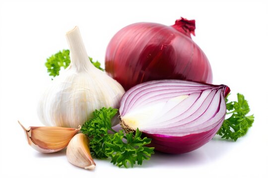 Fresh red onion and garlic isolated on white background