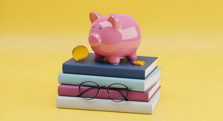 Pink Piggy Bank on Stack of Books with Eyeglasses and Gold Coins Against Yellow Background