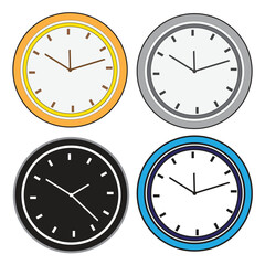 Set of modern wall clock illustrations in different styles and colors showing various time positions
