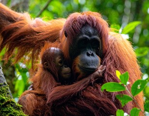 Young orangutan in a tree with her child