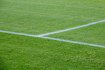 Obraz premium Close-up of a soccer field corner with white lines on perfectly manicured green grass. Football stadium pitch background for sports and competition concepts.