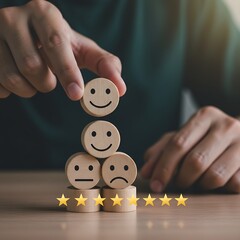 Customer feedback concept: a hand adding a happy face block to a stack near glowing rating stars.