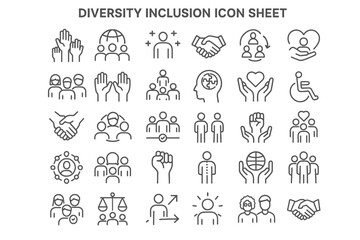 Obraz premium Diversity and Inclusion Icons: An array of clean, modern icons symbolizing values of unity, understanding, and acceptance, perfect for illustrating concepts of equality and diverse representation.