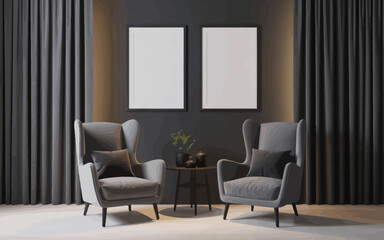 Modern Minimalist Living Room with Gray Accent Chairs and Dark Interior Decor.

