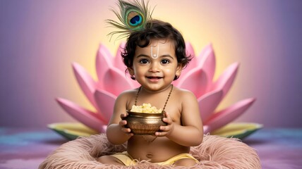 Adorable baby Krishna as Lord Vishnu's avatar celebrating the auspicious occasion of Janmashtami with joy and devotion