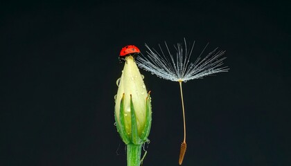 Obraz premium Ladybug atop dewy flower bud with dandelion seed against dark backdrop