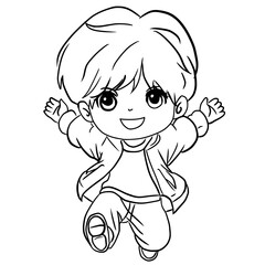 Line art coloring page of a cute chibi boy jumping with outstretched arms.