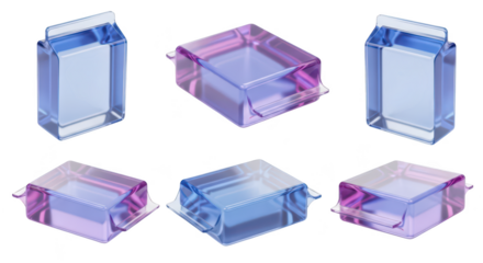 Transparent colorful carton-shaped packaging mockups on white showcasing design possibilities for food drink or consumer goods