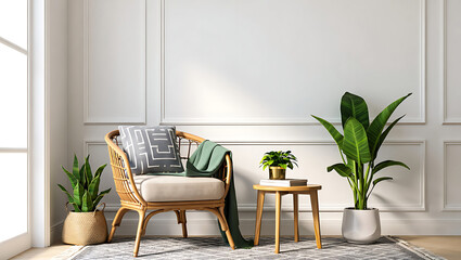 Fototapeta premium Modern Interior with Rattan Chair Green Plants and Stylish Decor Inviting Comfort and Serenity in a Well Lit Space