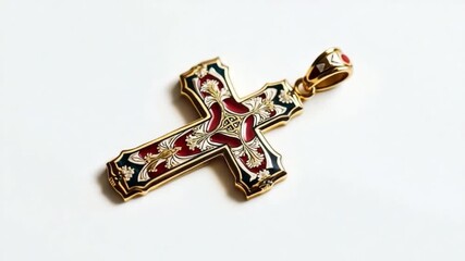 This beautiful golden cross pendant features a detailed design. It symbolizes faith and serves as a remarkable piece of jewelry. Perfect for various occasions. Generative AI