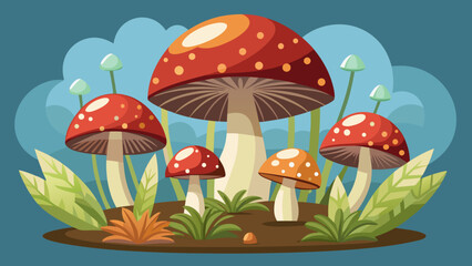 Vector art of a charming cartoon illustration featuring a cluster of red and orange spotted mushrooms with green leaves