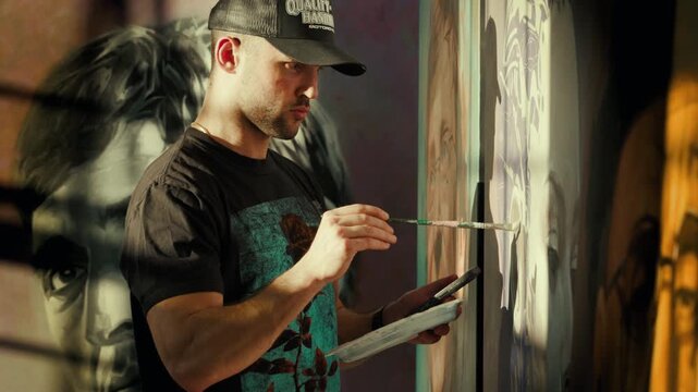 Fine Artist paints at Sunset in his Studio 
