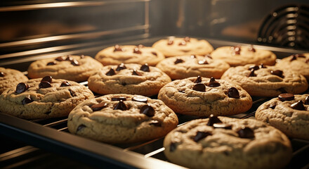 Freshly Baked Chocolate Chip Cookies on a Cooling Rack Inside an Oven